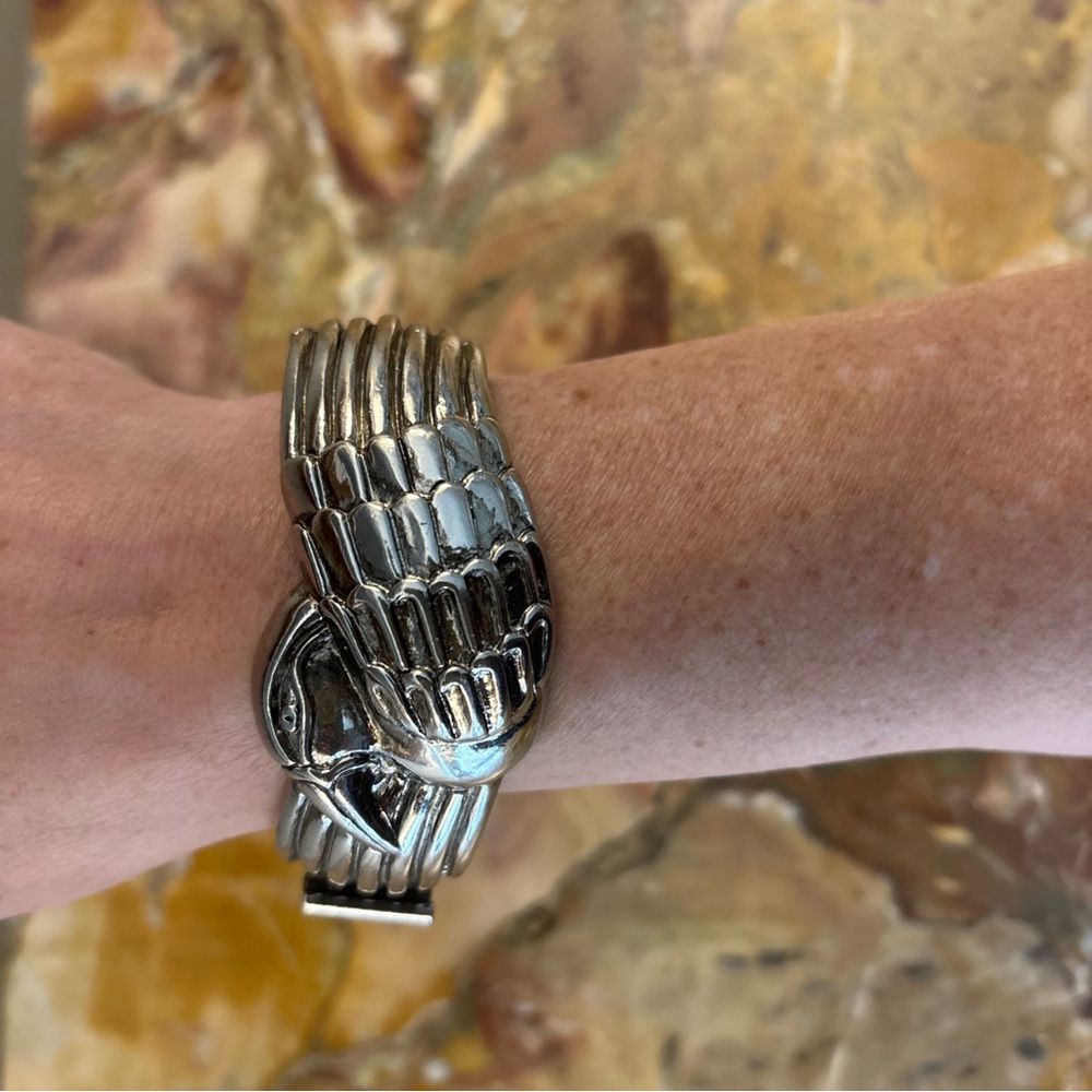 Laurel Burch Signed Mynah Bird Bracelet Silver Tone Chunky Hinged Cuff Vintage - Picture 5 of 5